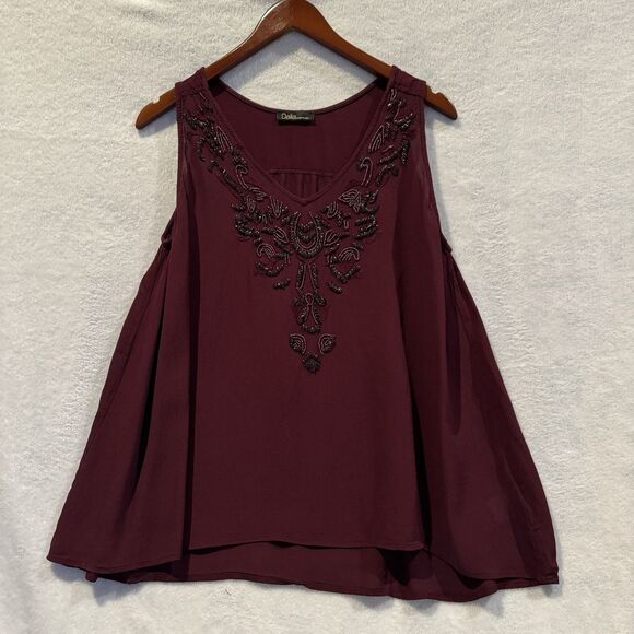 Dalia Tops - Dalia Womens Elegant Maroon Sleeveless Top Beaded V-Neck Flowy Chic Size M